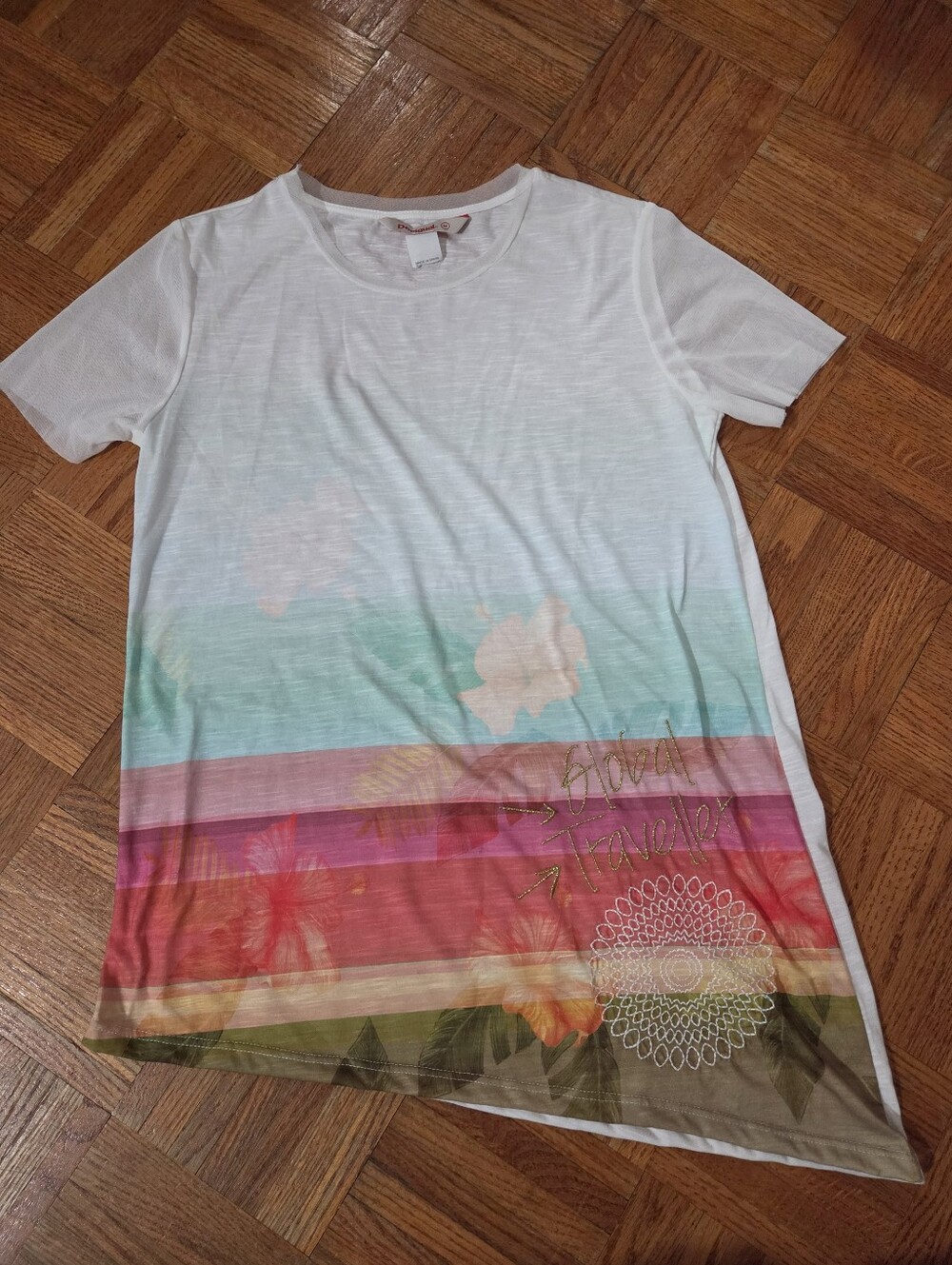 Desigual Women's White Ombre Floral Short-Sleeve Tee